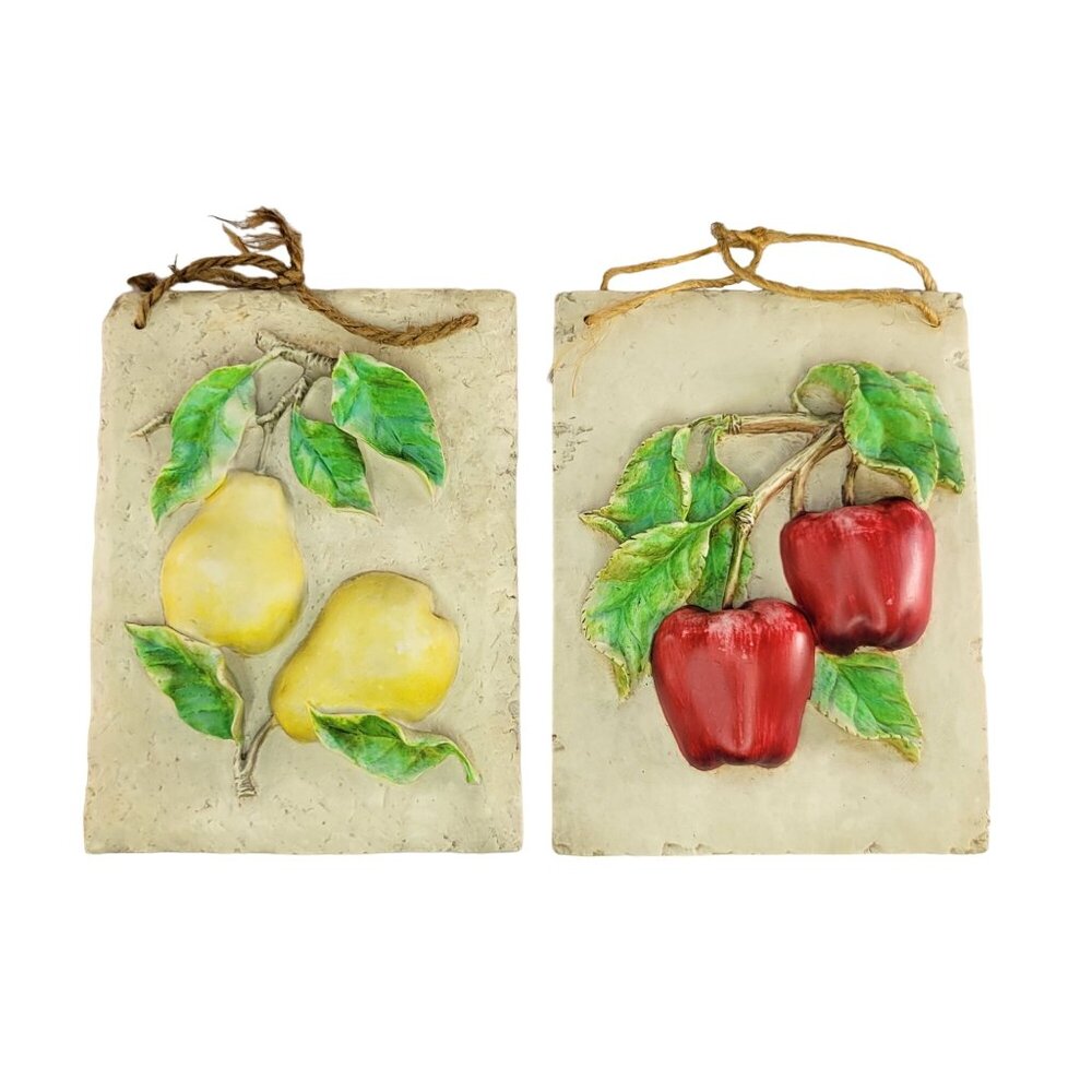 Vtg 3D Hand-Painted Plaques Fruit Wall Art Apples & Pears Rustic Kitchen Decor